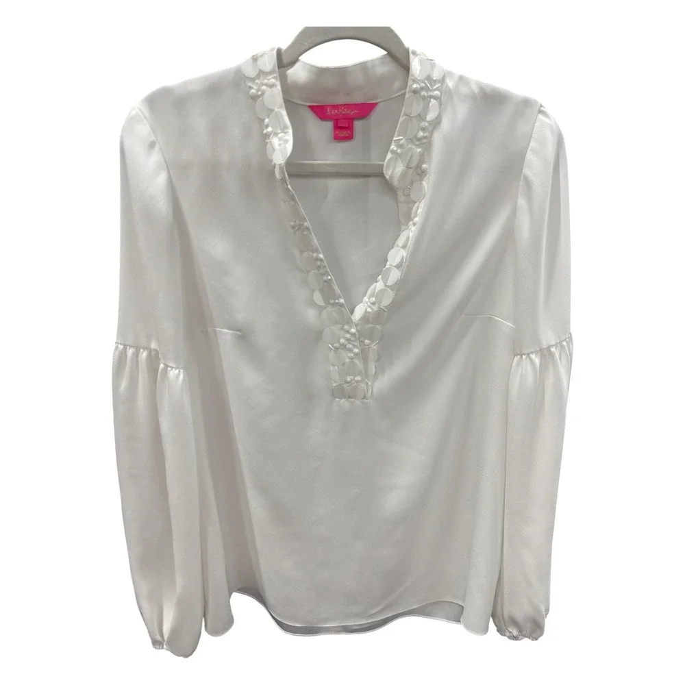 Lilly Pulitzer White Satin Embellished V-Neck Blouse Size Medium Long Sleeve Top